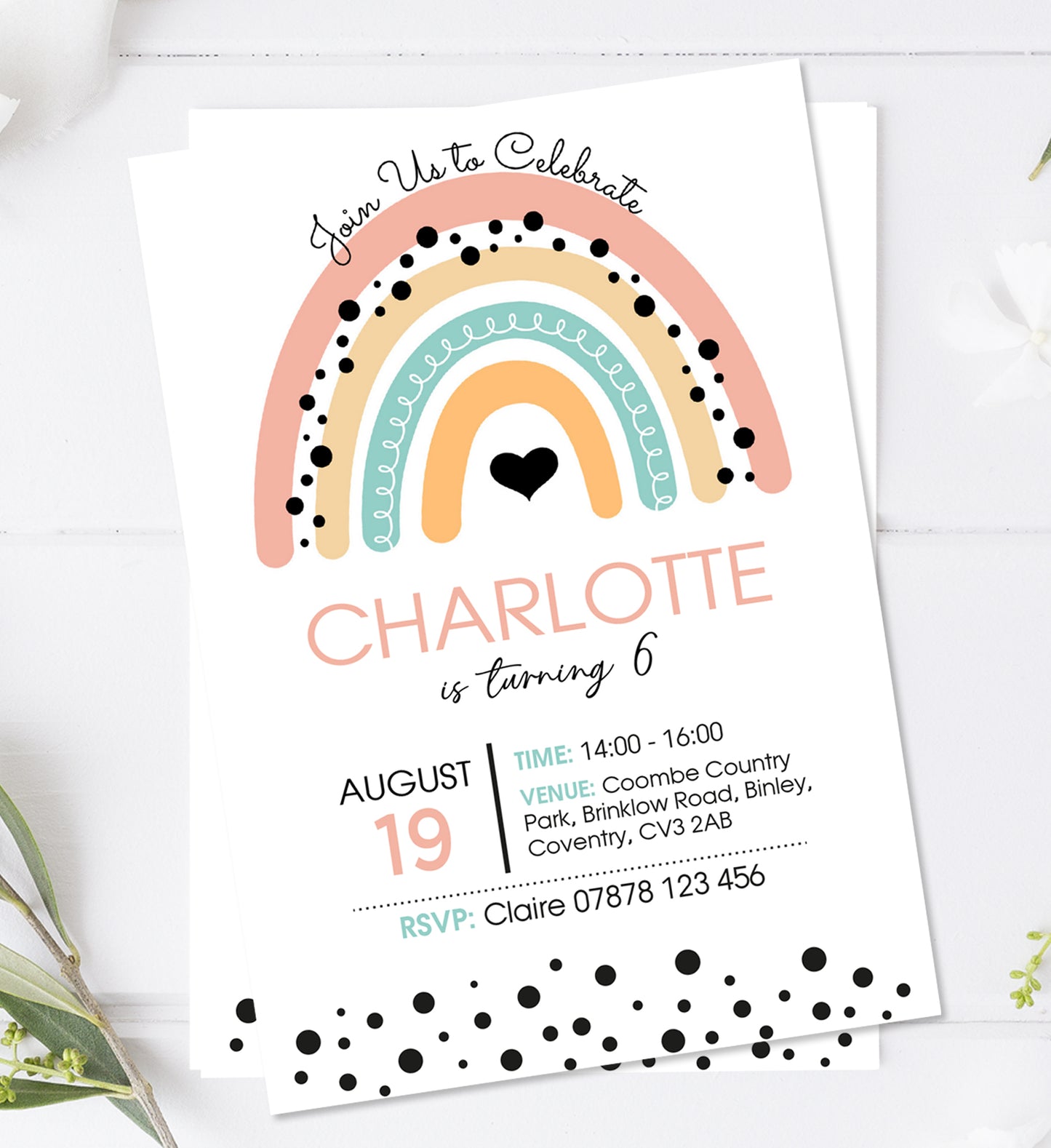 Personalised Rainbow Birthday Party Invitations - Classic