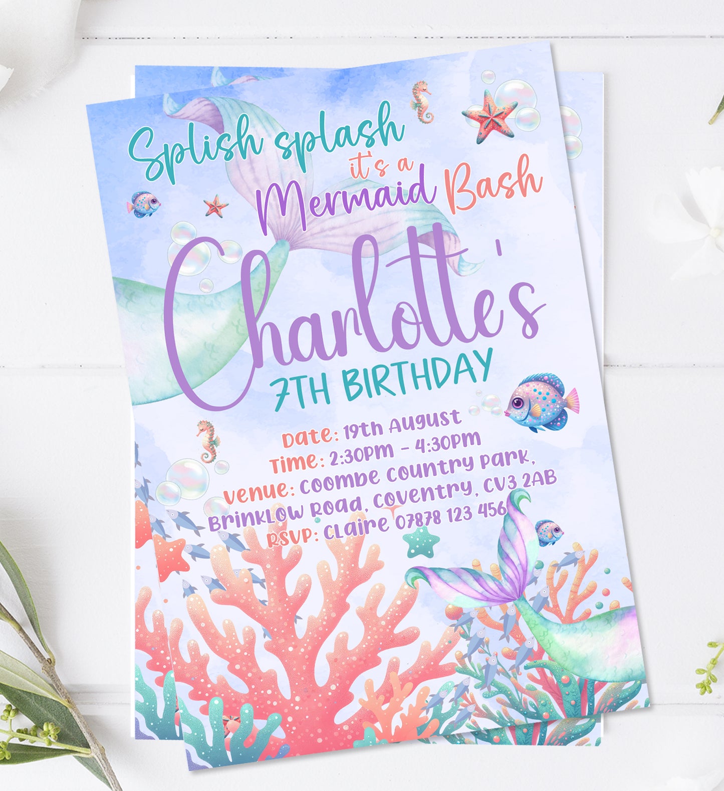 Personalised Mermaid Birthday Party Invitations