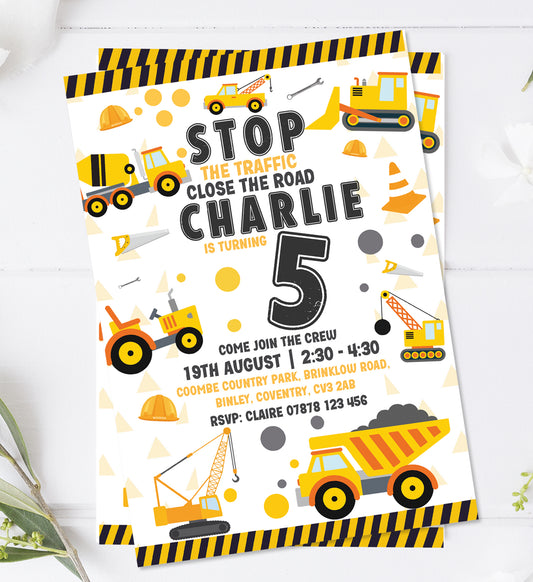 Personalised Digger Birthday Party Invitations